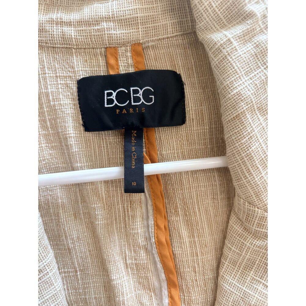 BCBG Paris Neutral Textured Linen-Blend Blazer with Orange Piping